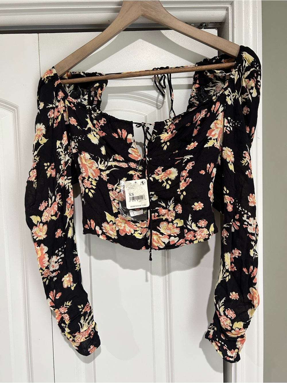 Free People Black Floral Ruched Tie-Front Top